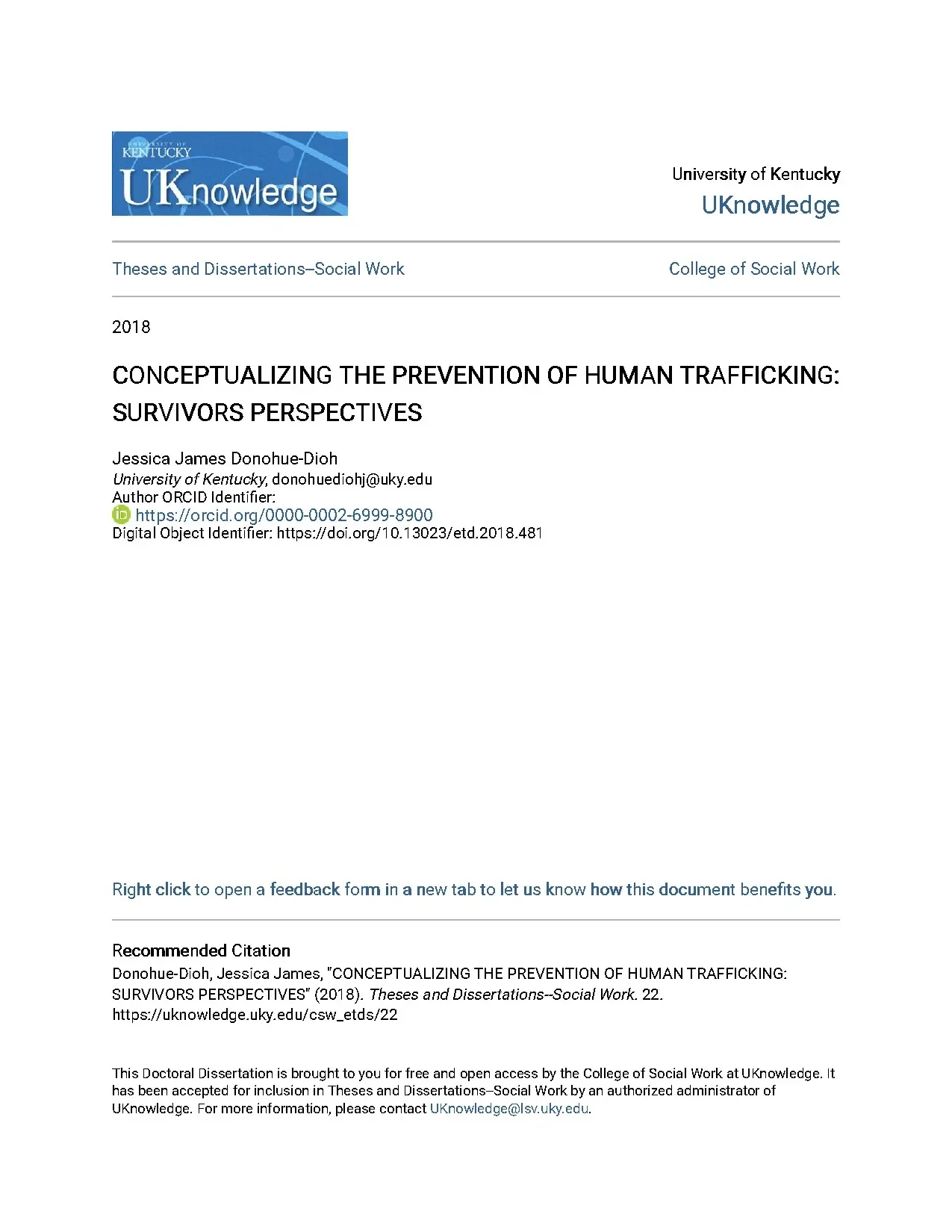 Conceptualizing the prevention of human trafficking survivor