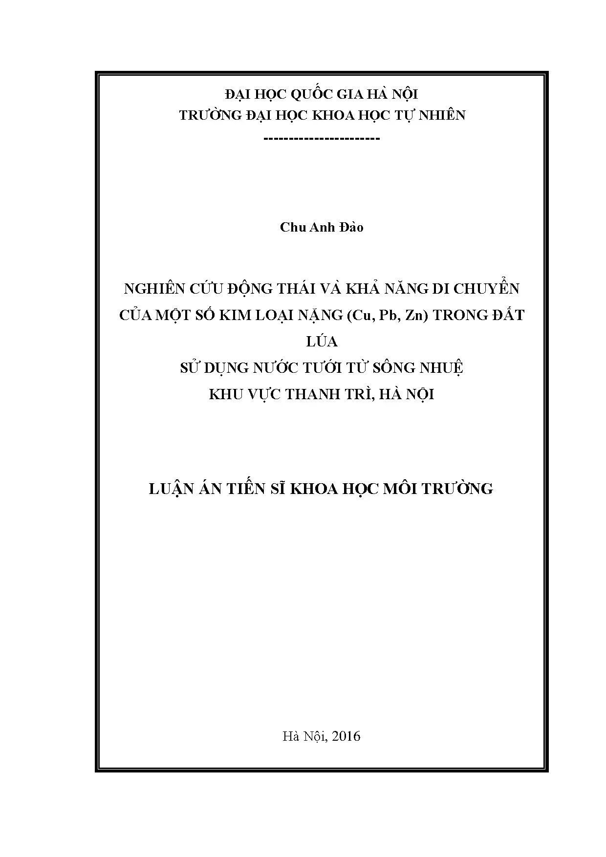 Kim loại nặng Cu, Pb, Zn trong đất lúa sông Nhuệ