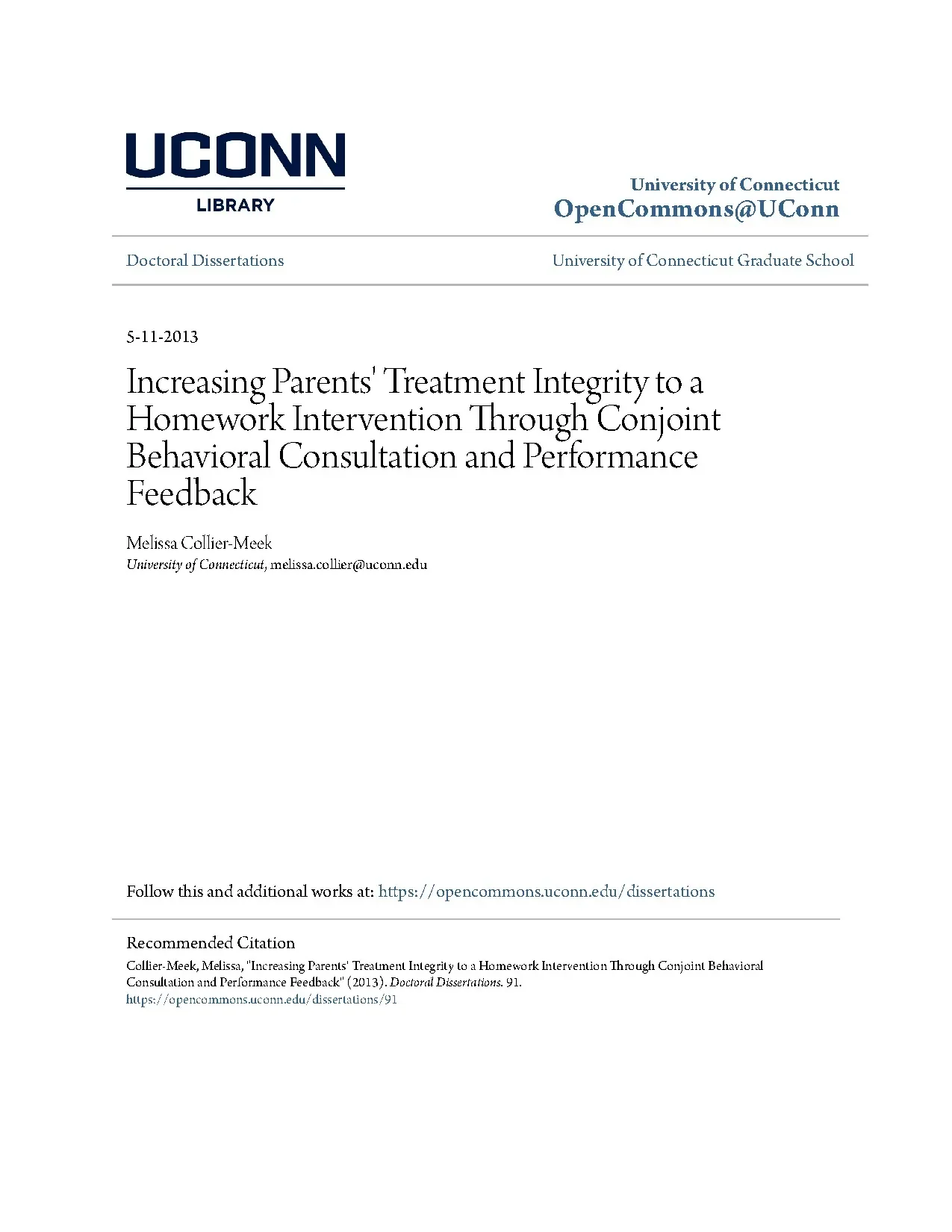 Increasing parents treatment integrity to a homework interve