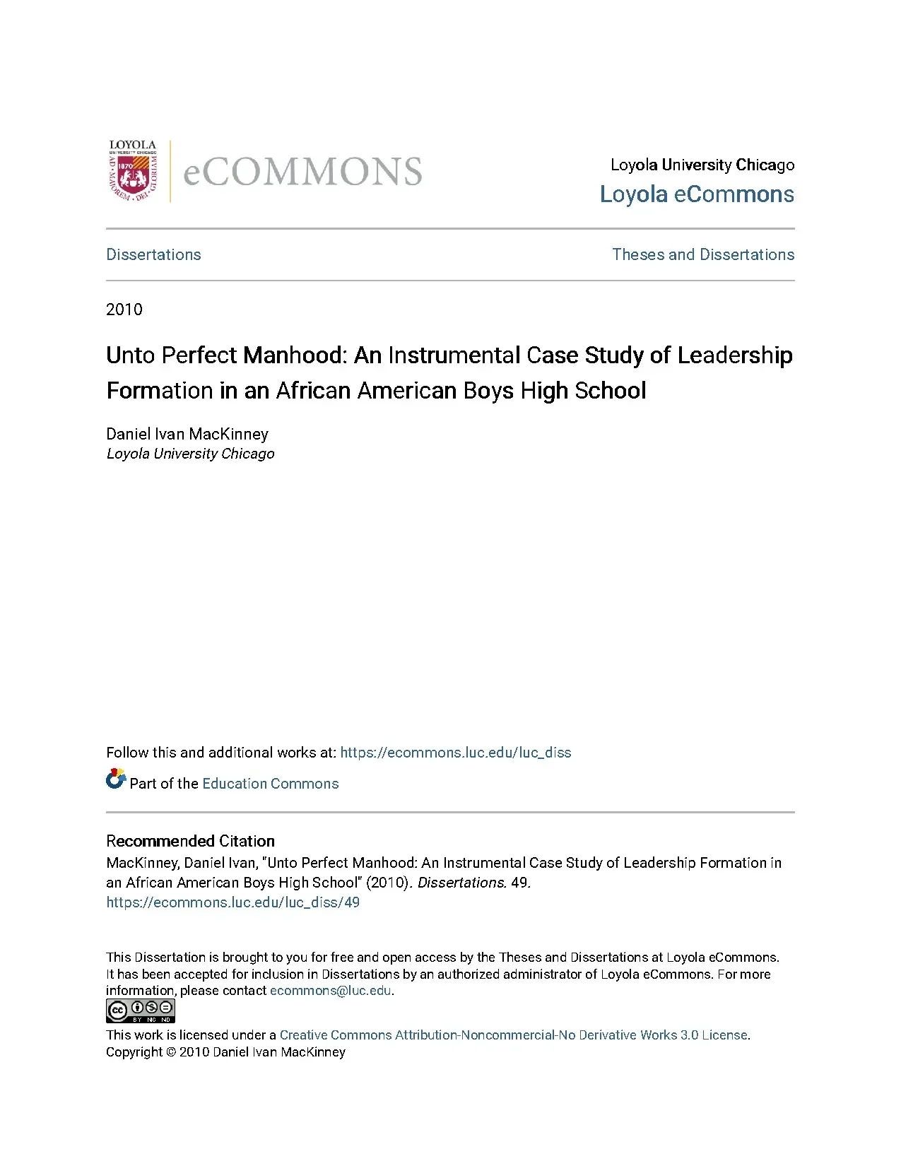 Unto Perfect Manhood: Leadership Formation in African American Boys