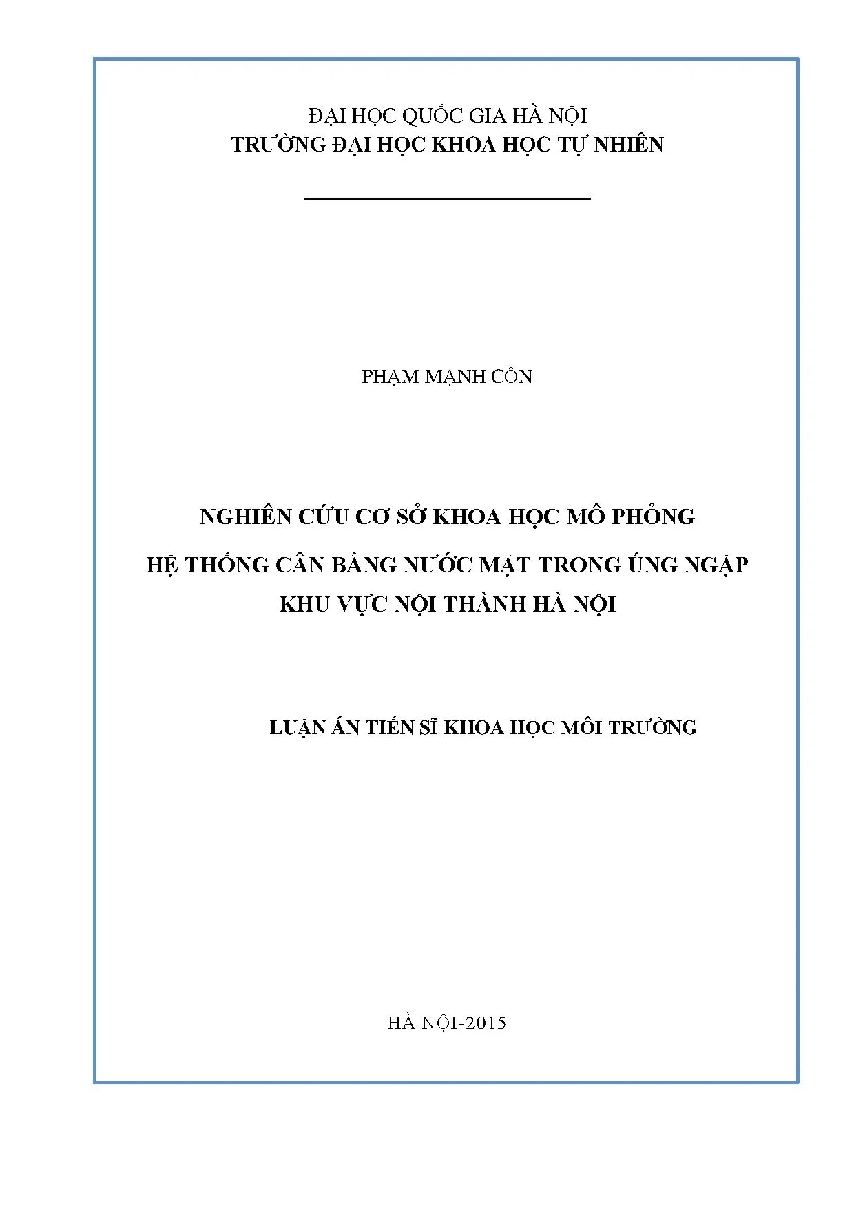 Luận án tiến sĩ mô phỏng hệ thống cân bằng nước mặt nội đô Hà Nội