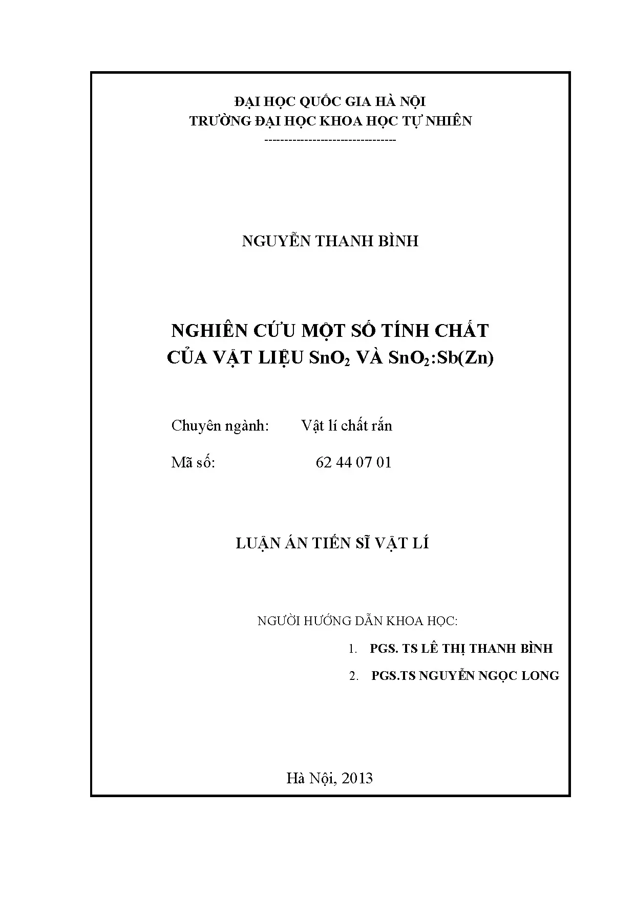 Nghiên cứu tính chất vật liệu SnO2 và SnO2:Sb(Zn) - Luận án tiến sĩ