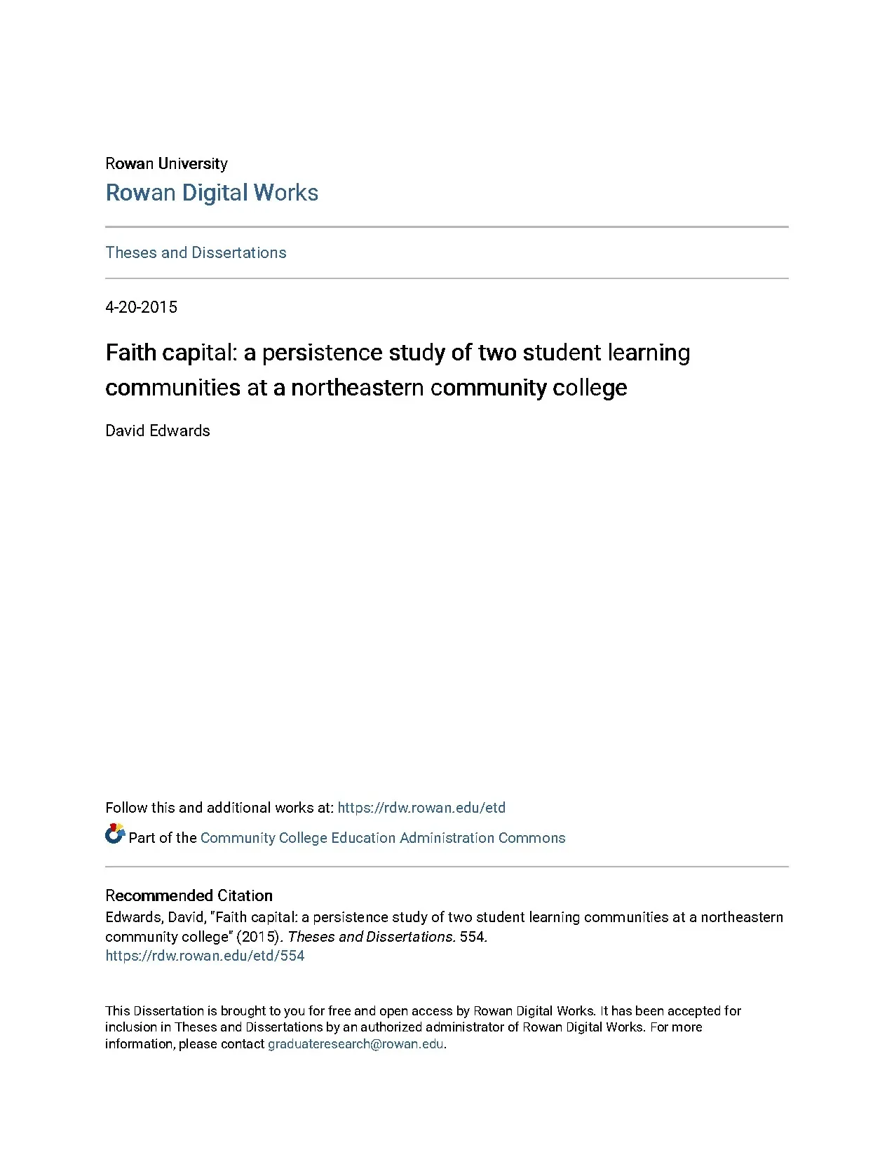 Faith capital a persistence study of two student learning co