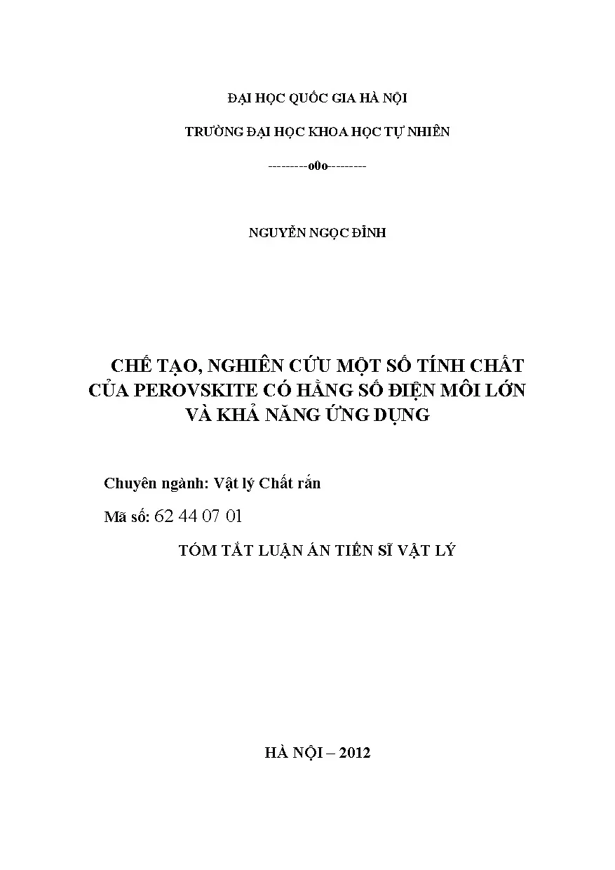 Chế tạo nghiên cứu perovskite hằng số điện môi lớn ứng dụng vật lý