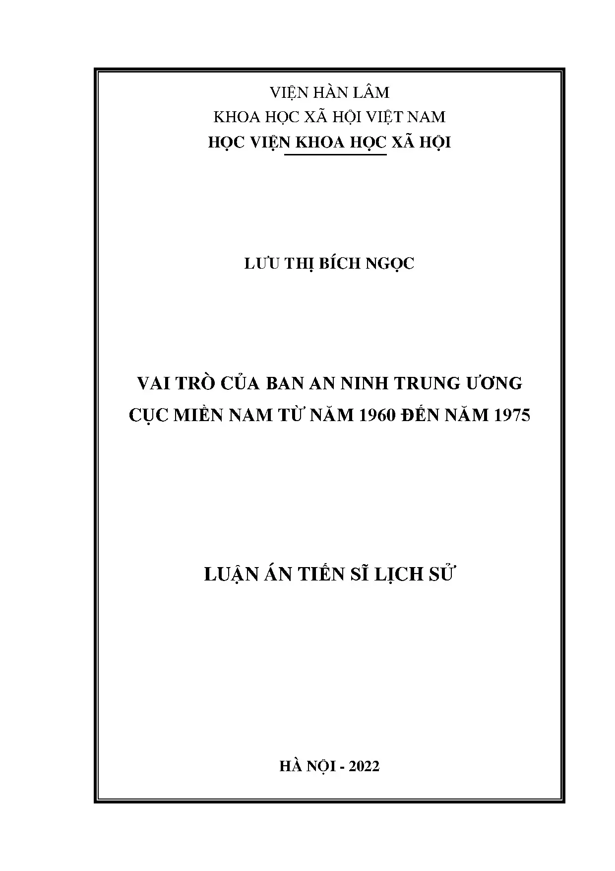 Luận án tiến sĩ: Vai trò Ban An ninh Trung ương Cục miền Nam 1960-1975