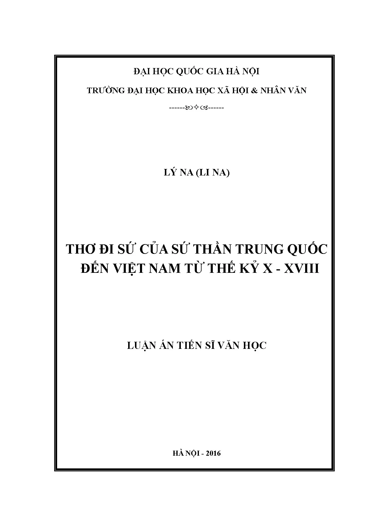 Luận án tiến sĩ thơ đi sứ của sứ thần trung quốc đến việt na