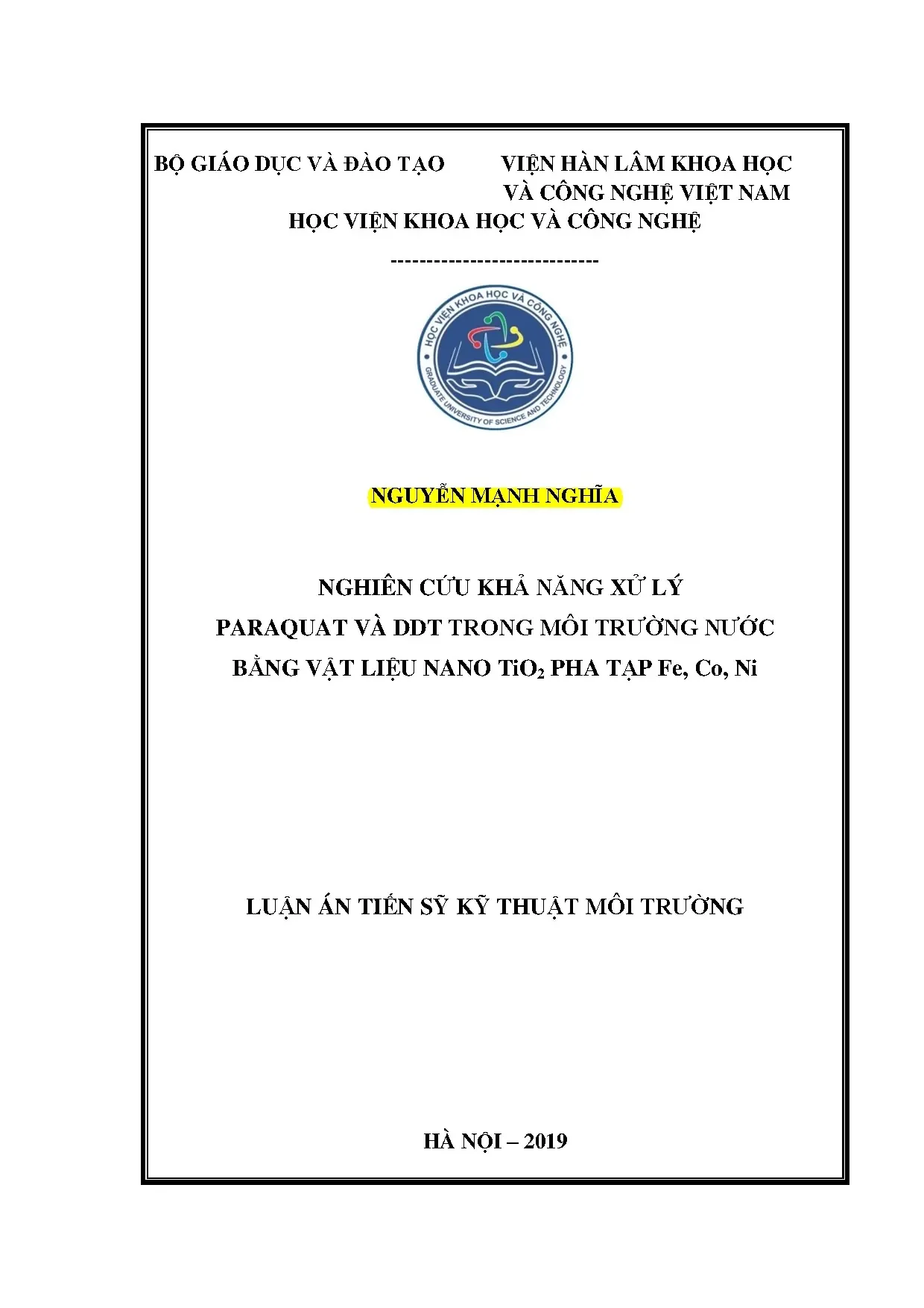 Xử lý Paraquat và DDT bằng vật liệu nano TiO2 pha tạp