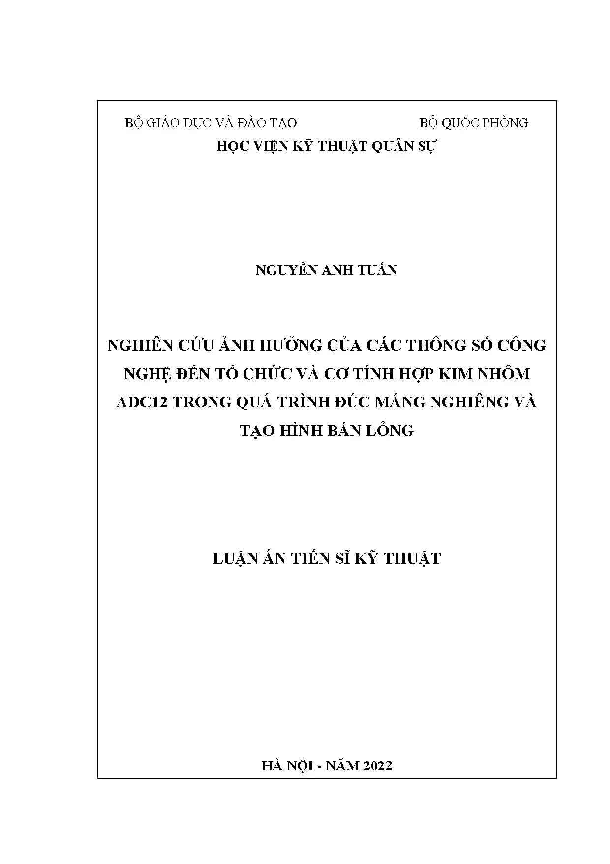 Nghiên cứu ảnh hưởng thông số công nghệ đến cơ tính hợp kim nhôm ADC12