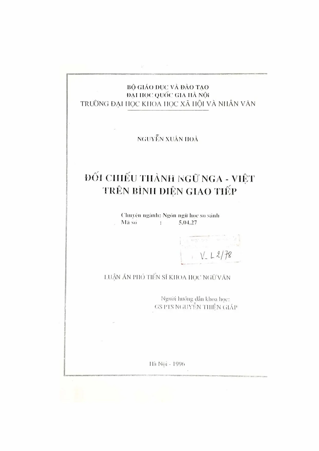 Luận án tiến sĩ đối chiếu thành ngữ nga việt trên bình diện