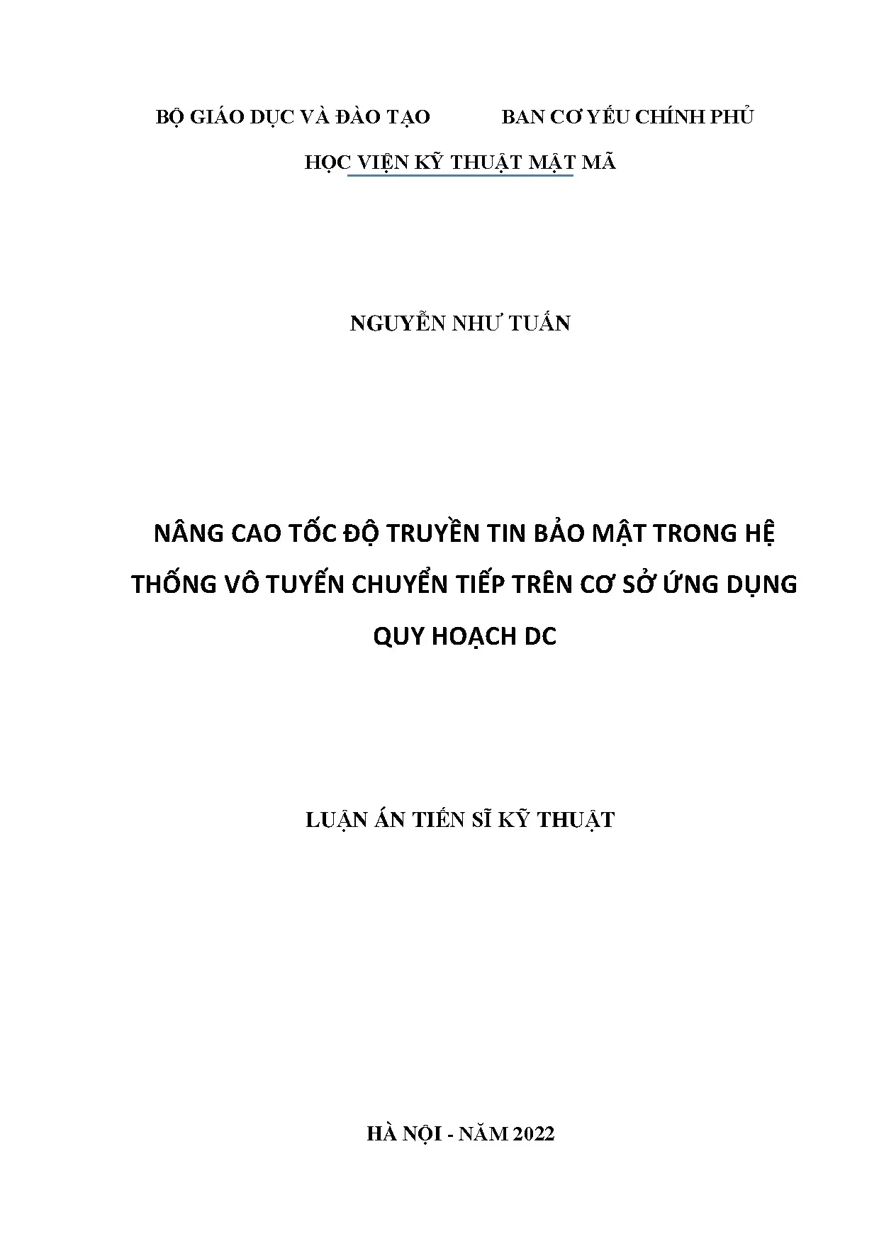 Luận án tiến sĩ nâng cao tốc độ truyền tin bảo mật vô tuyến bằng quy hoạch DC