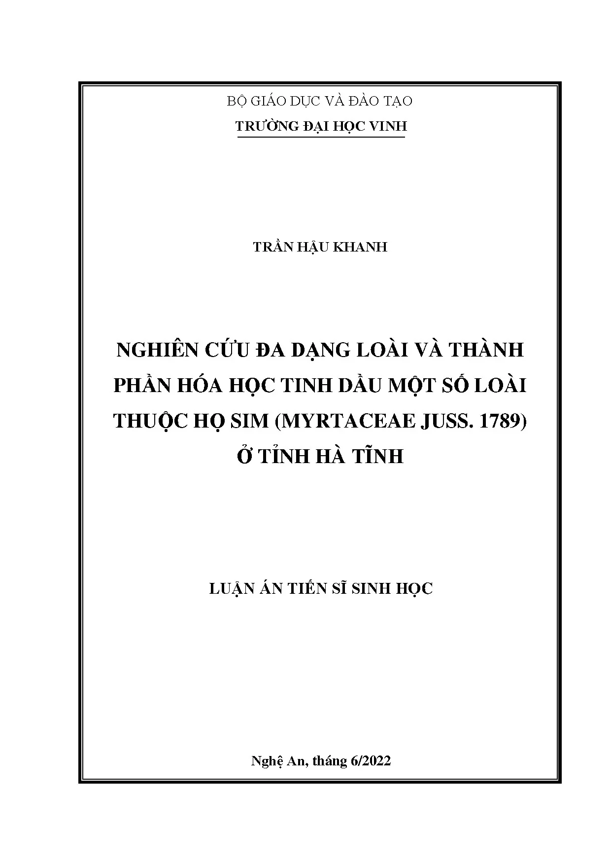 Luận án tiến sĩ nghiên cứu đa dạng loài họ Sim Myrtaceae ở Hà Tĩnh