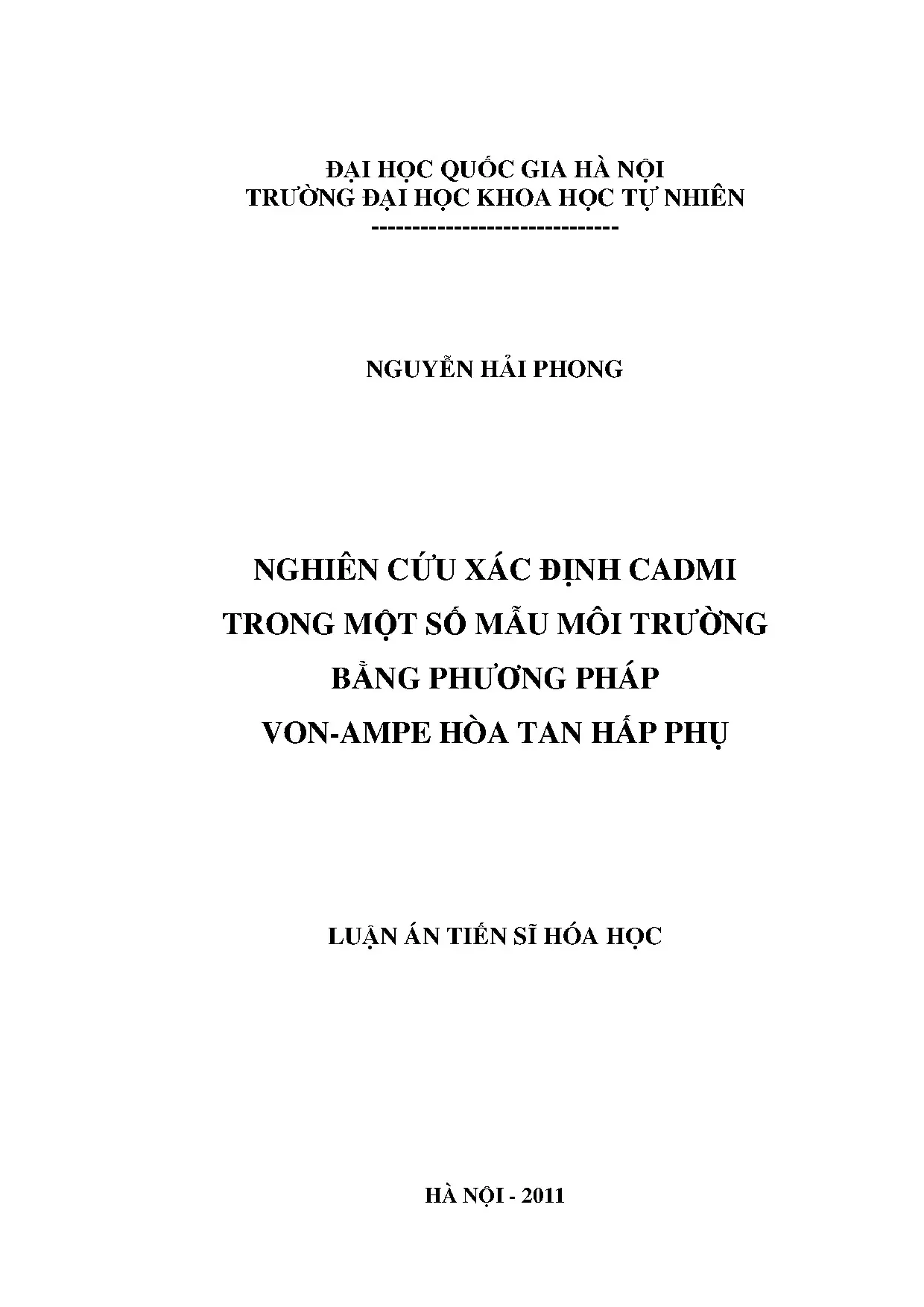 Nghiên cứu xác định cadmi trong môi trường bằng phương pháp von-ampe hòa tan hấp phụ