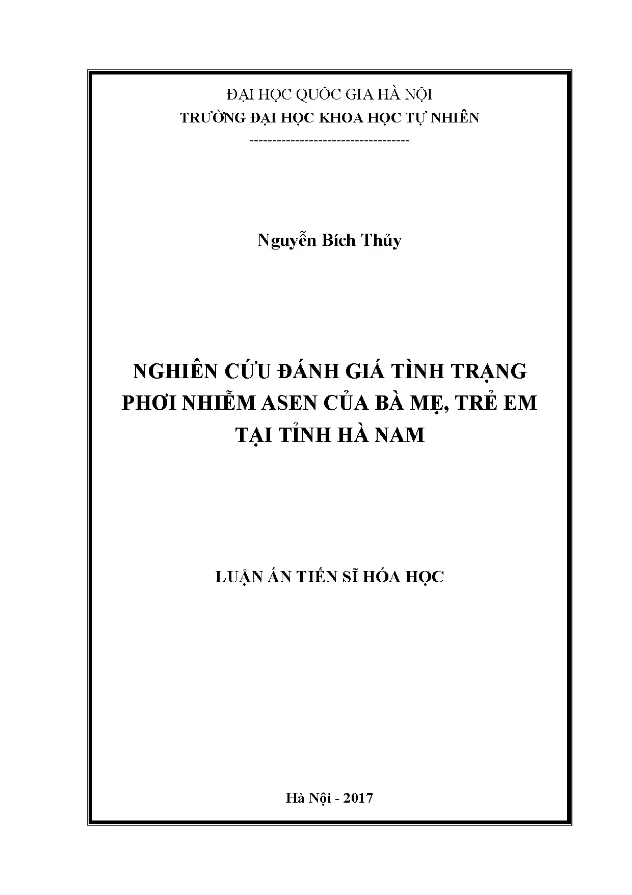 Luận án tiến sĩ đánh giá phơi nhiễm asen bà mẹ trẻ em Hà Nam