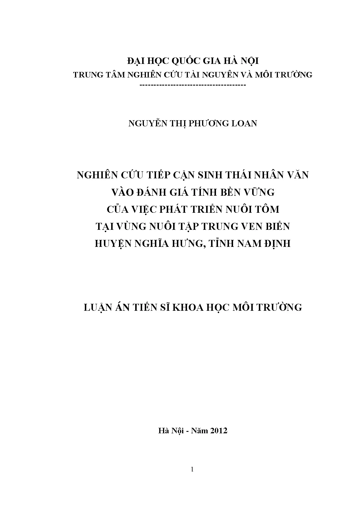 Luận án tiến sĩ: Đánh giá tính bền vững nuôi tôm bằng sinh thái nhân văn