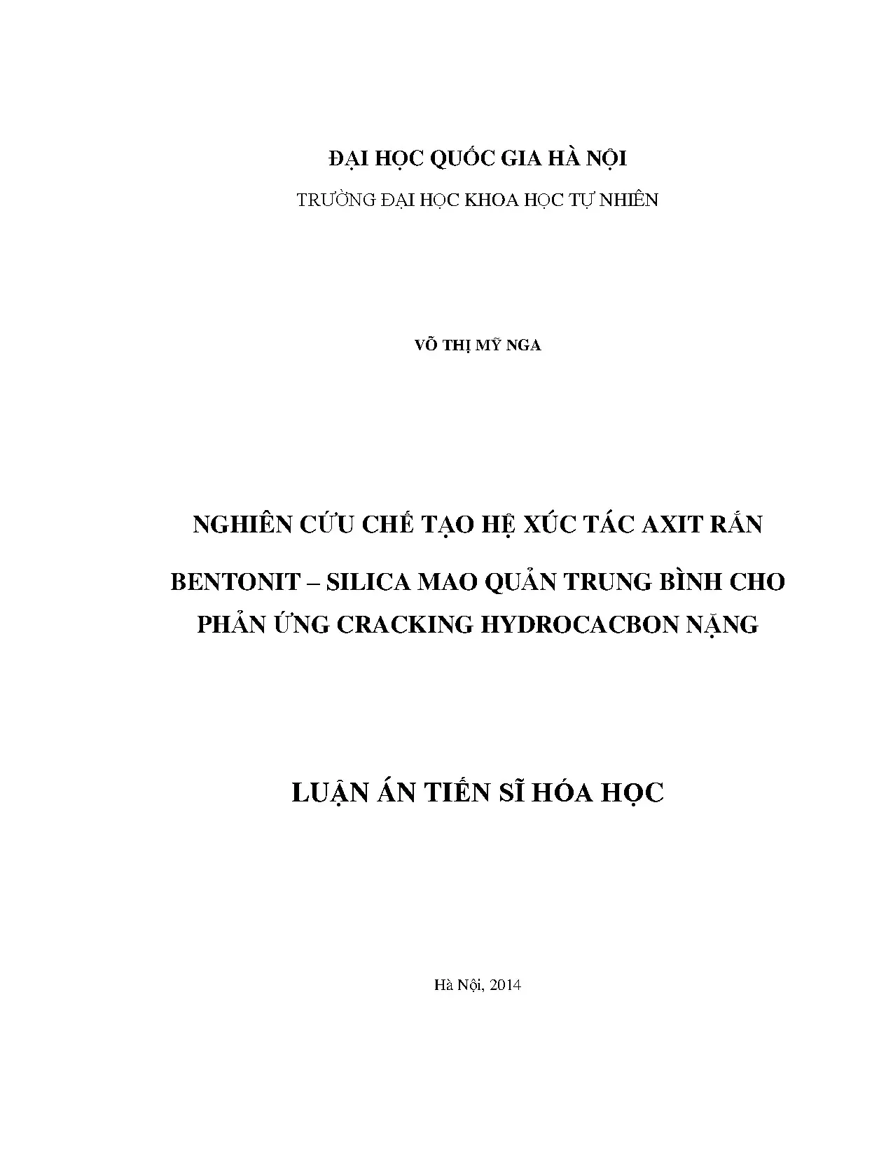 Nghiên cứu chế tạo hệ xúc tác axit rắn bentonit silica mao quản trung bình cho phản ứng cracking hydrocacbon nặng