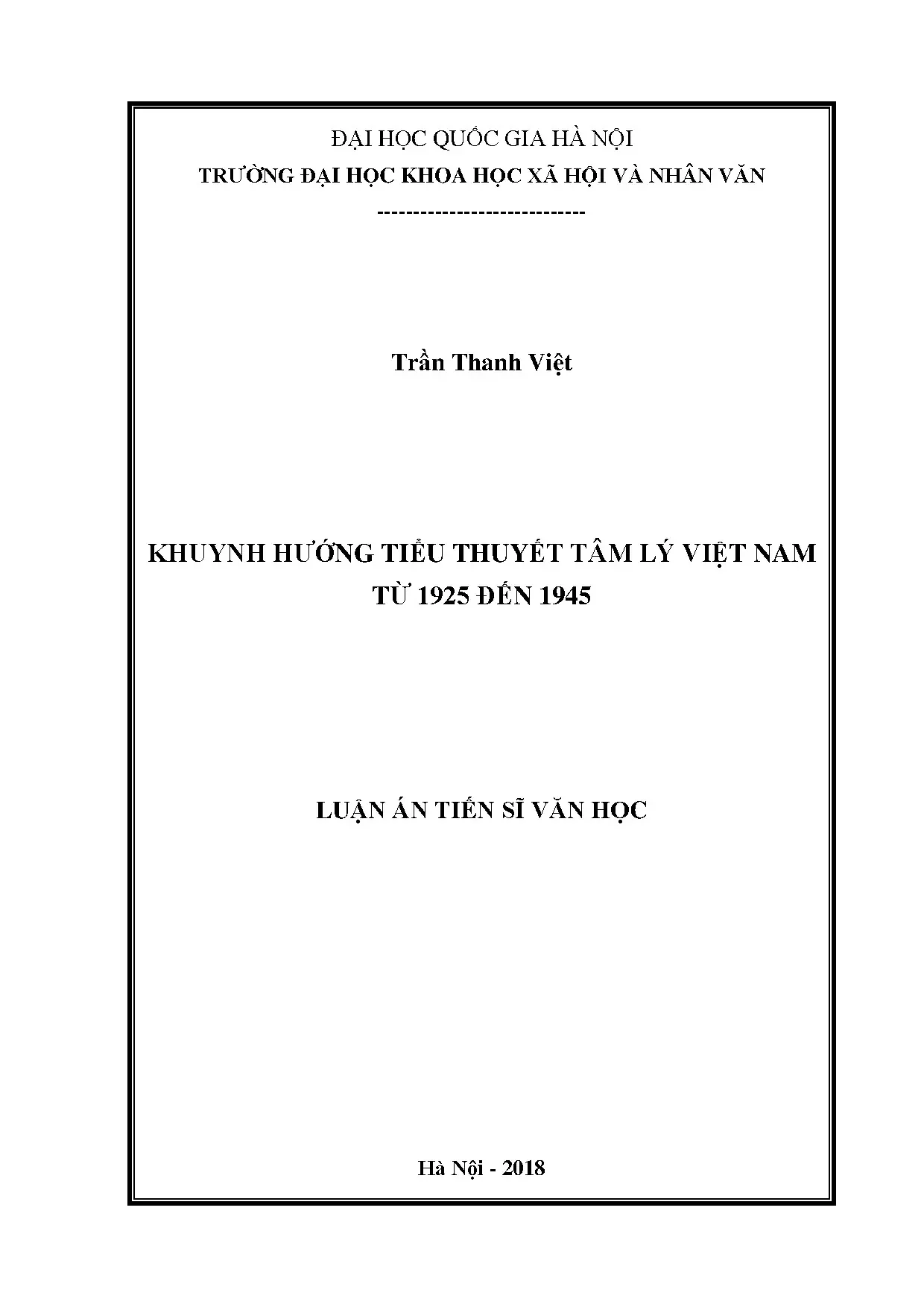 Tiểu thuyết tâm lý Việt Nam 1925-1945: Luận án TS