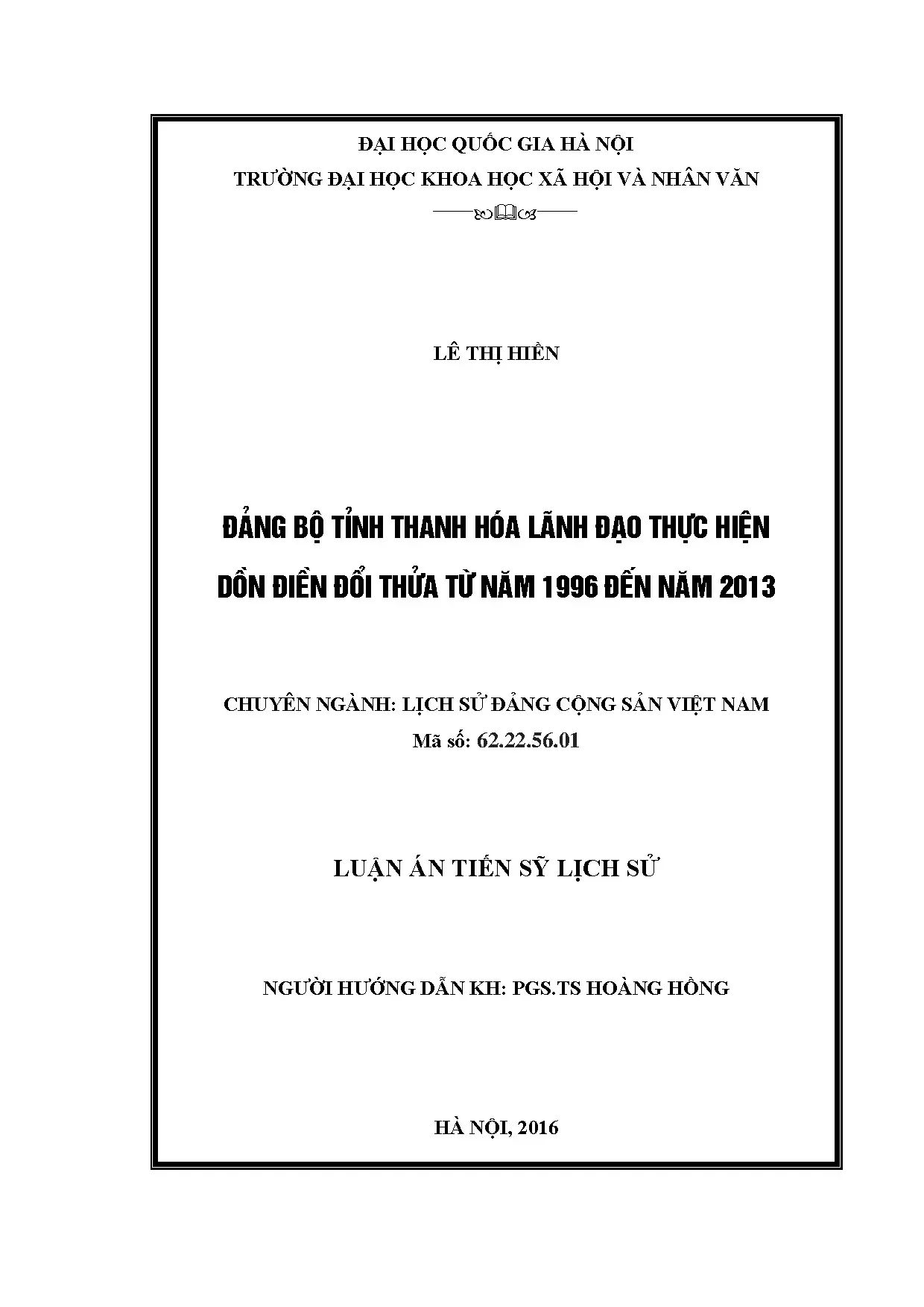 Luận án tiến sĩ đảng bộ tỉnh thanh hóa lãnh đạo thực hiện dồ