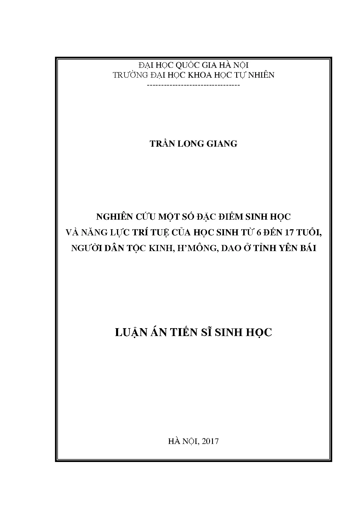 Nghiên cứu đặc điểm sinh học và trí tuệ học sinh dân tộc Kinh, H’mông, Dao Yên Bái