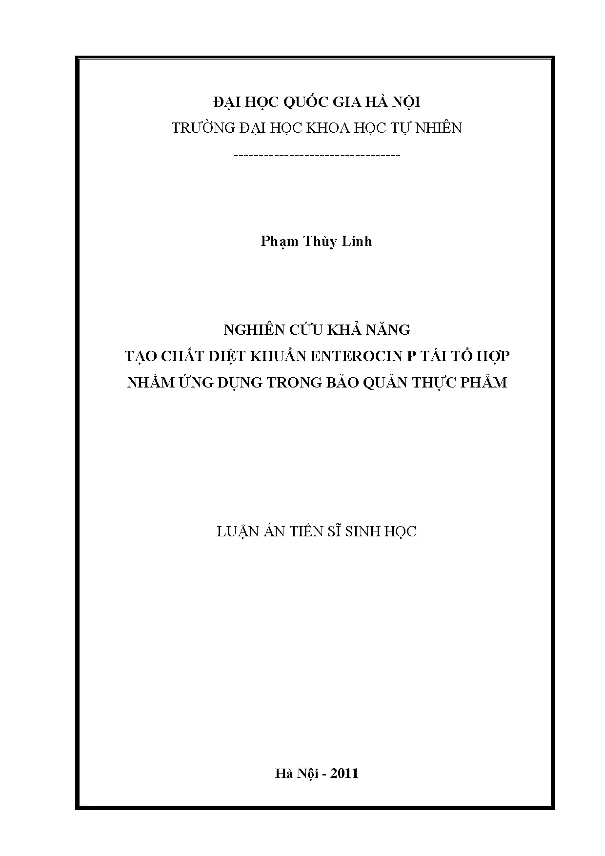 Luận án tiến sĩ về enterocin P tái tổ hợp ứng dụng bảo quản thực phẩm