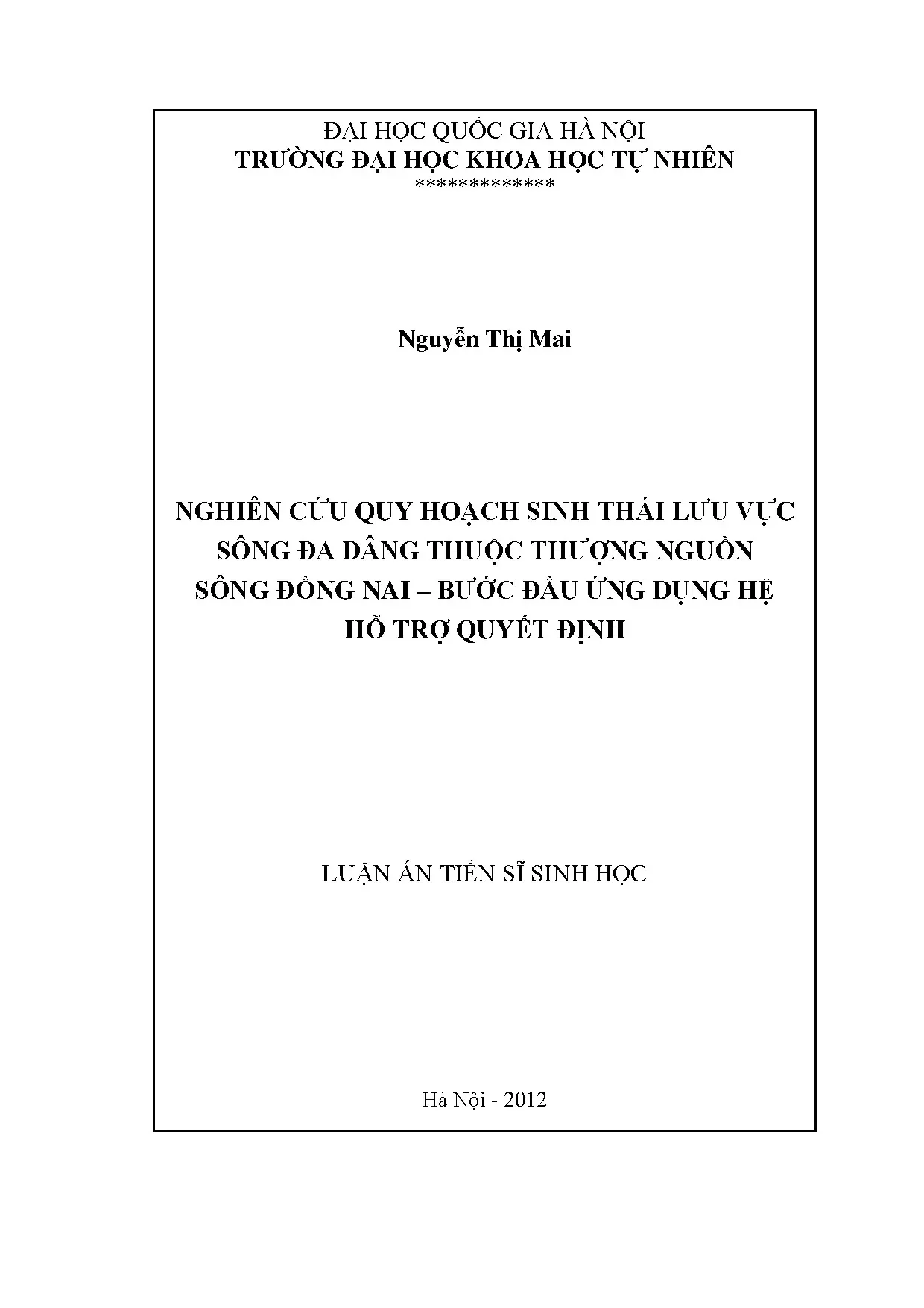 Luận án tiến sĩ sinh thái học: Quy hoạch sinh thái lưu vực sông Đa Dâng