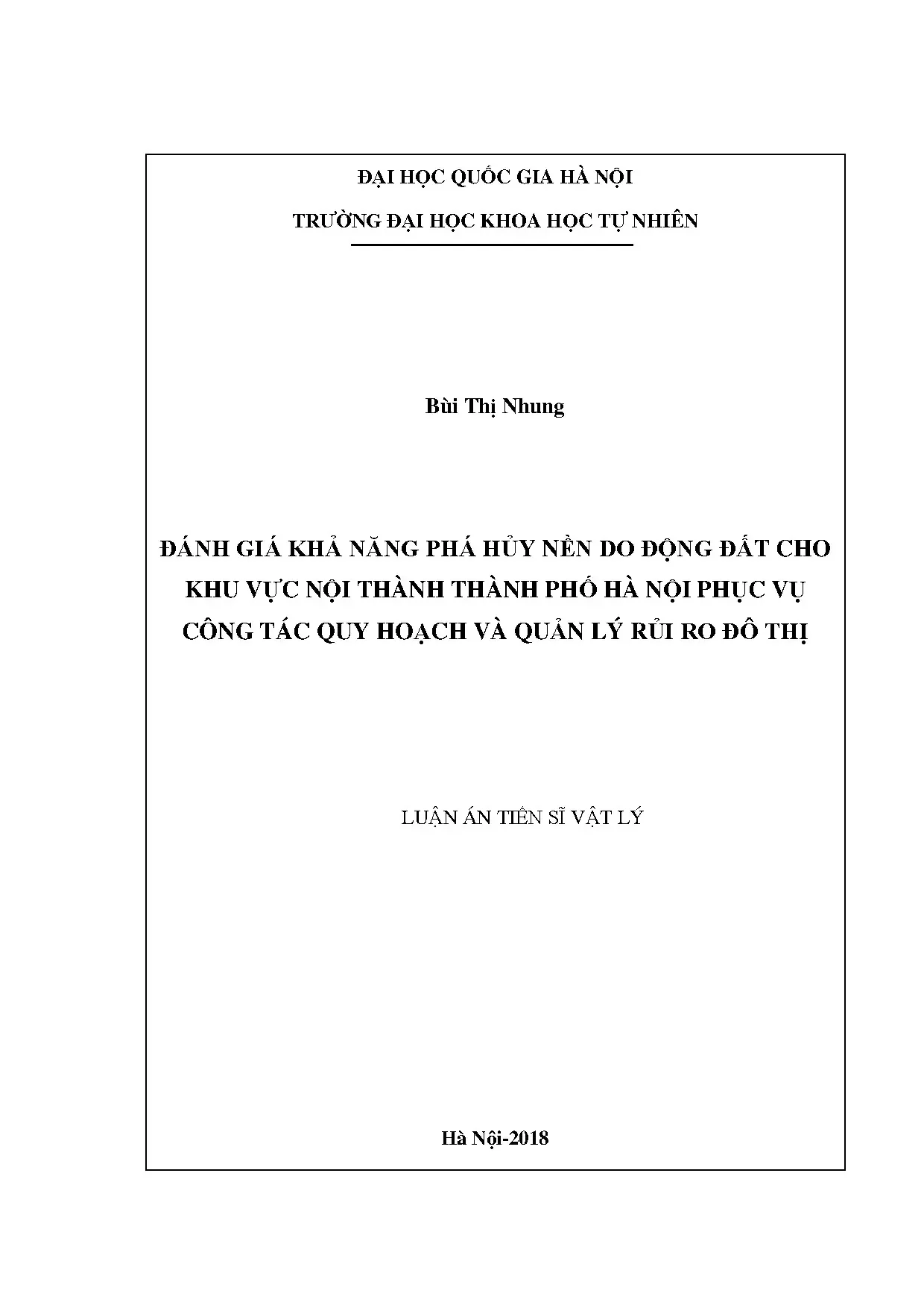 Luận án tiến sĩ đánh giá khả năng phá hủy nền do động đất tại Hà Nội
