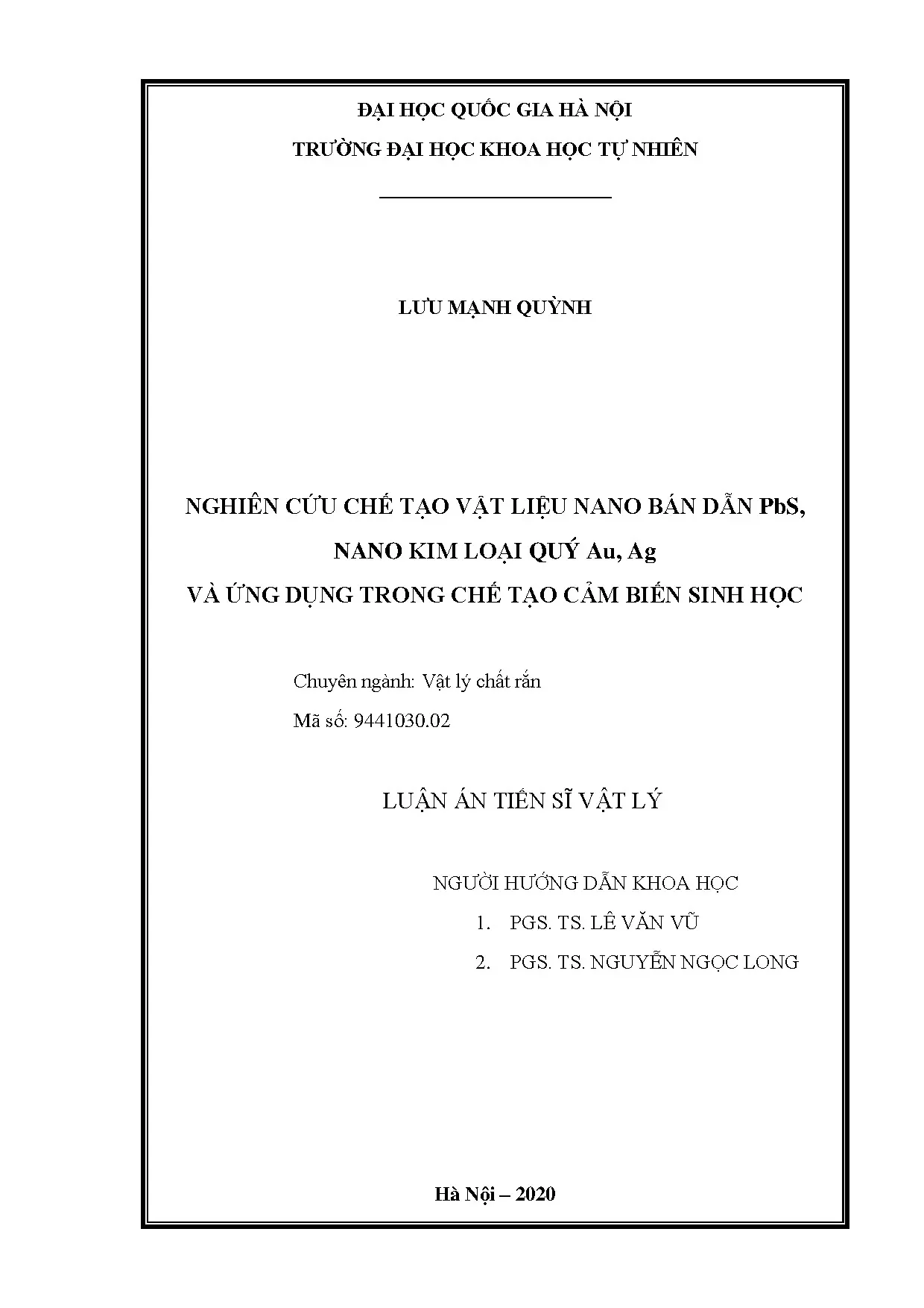 Luận án tiến sĩ vật liệu nano PbS, Au, Ag chế tạo cảm biến sinh học
