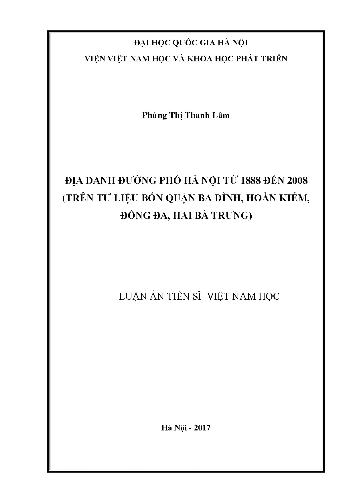 Luận án tiến sĩ địa danh đường phố hà nội từ 1888 đến 2008 t