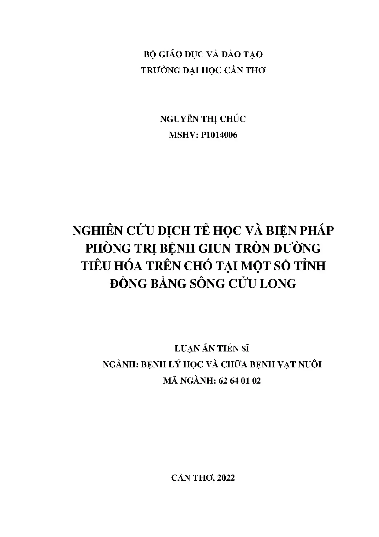 Nghiên cứu dịch tễ học bệnh giun tròn đường tiêu hóa trên chó tại ĐBSCL