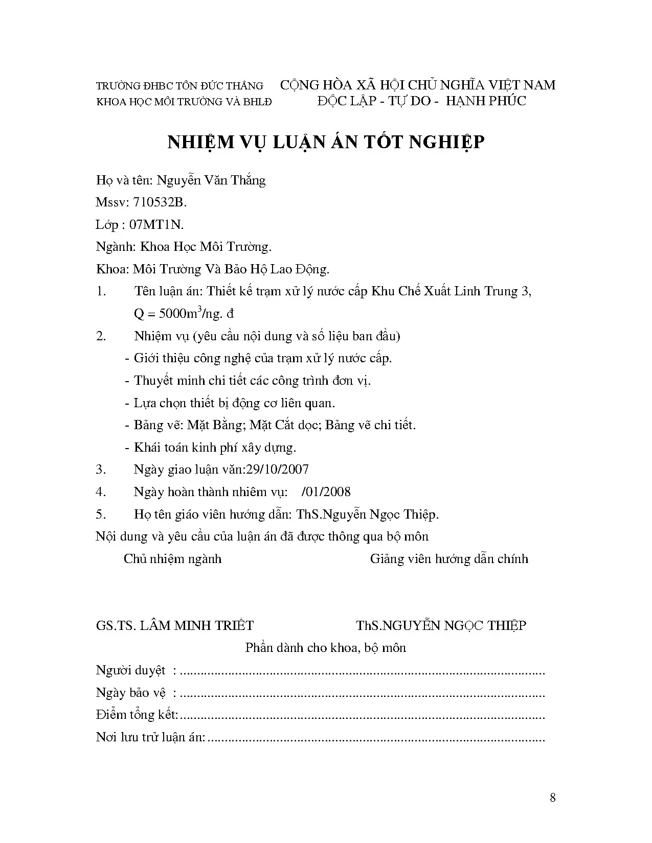 Tên luận án thiết kể trạm xử lý nước cấp khu chế xuất linh t