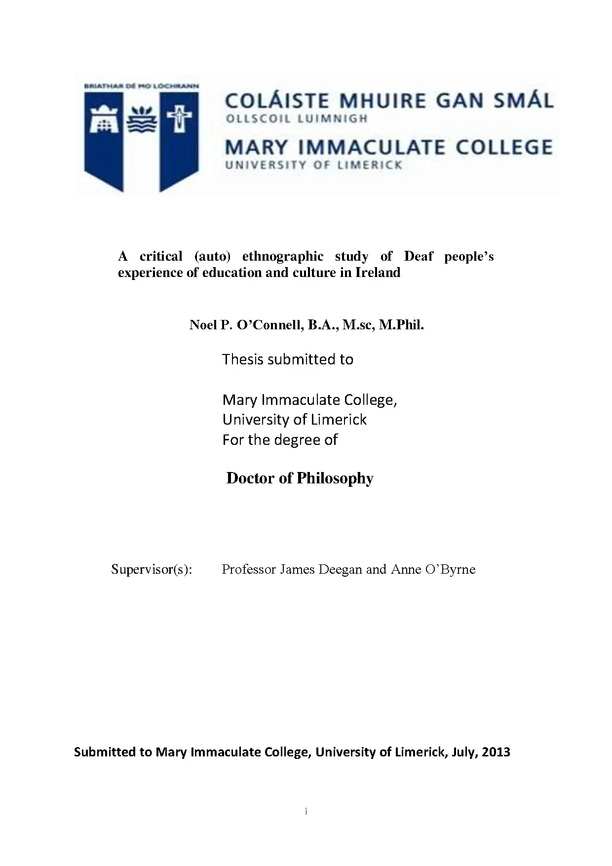 Oconnell noel p 2013 a critical auto ethnographic study of d