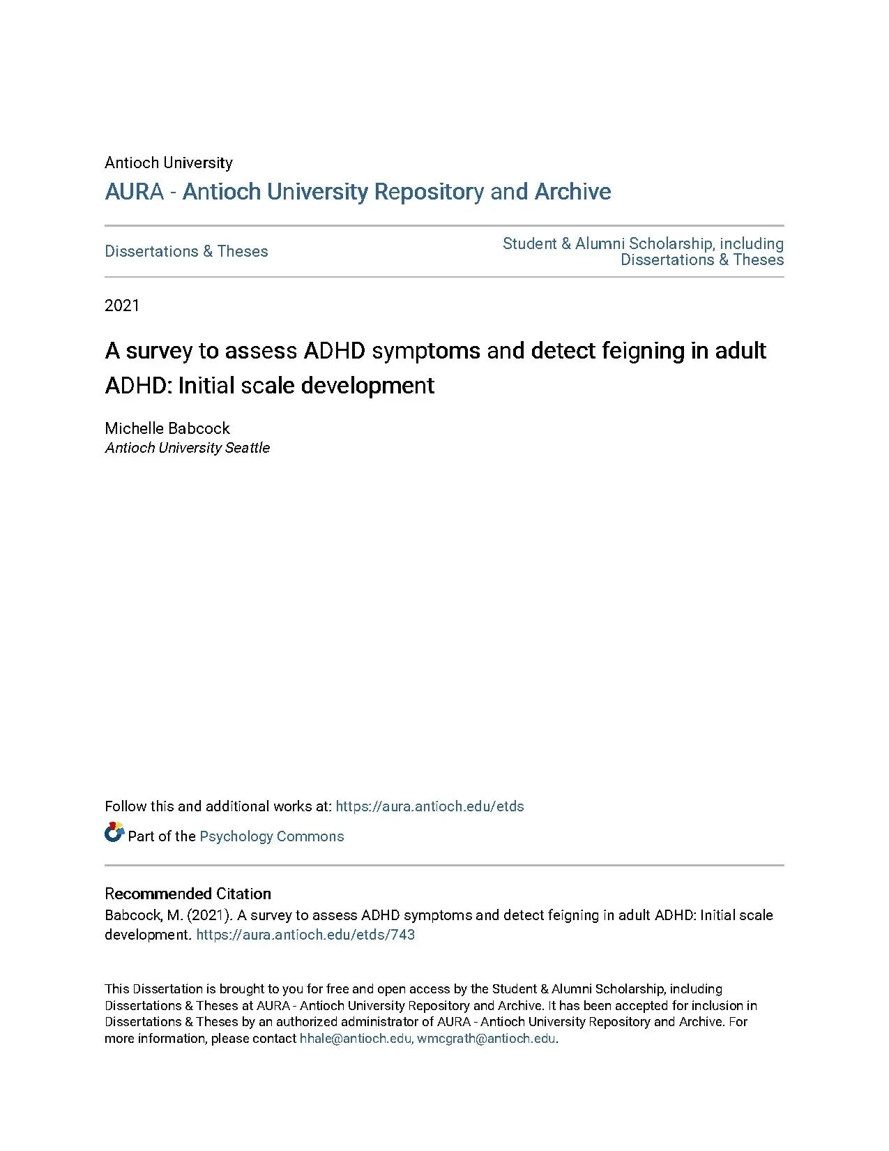 A survey to assess adhd symptoms and detect feigning in adul