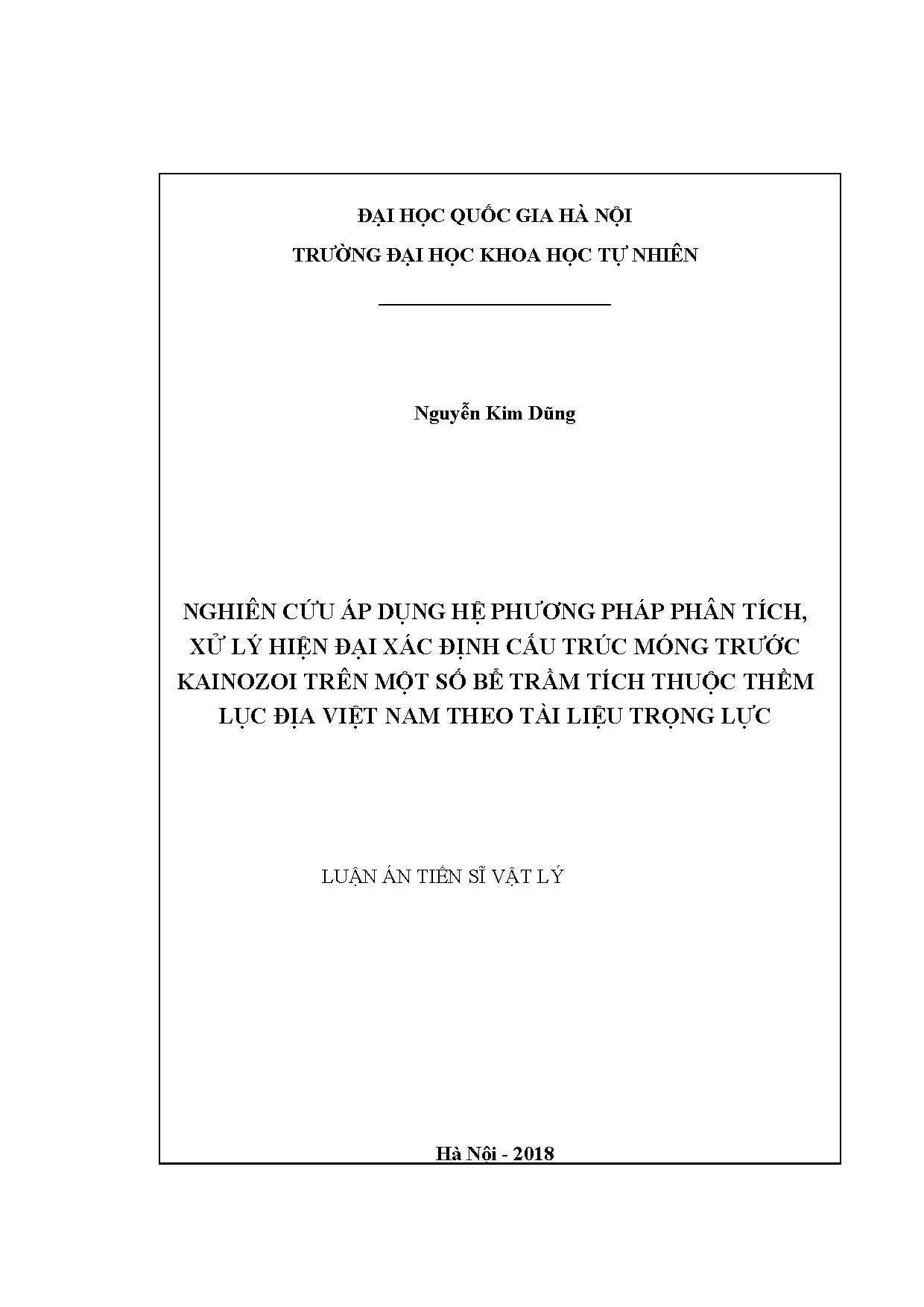 Luận án tiến sĩ: Phân tích trọng lực xác định cấu trúc móng trước Kainozoi