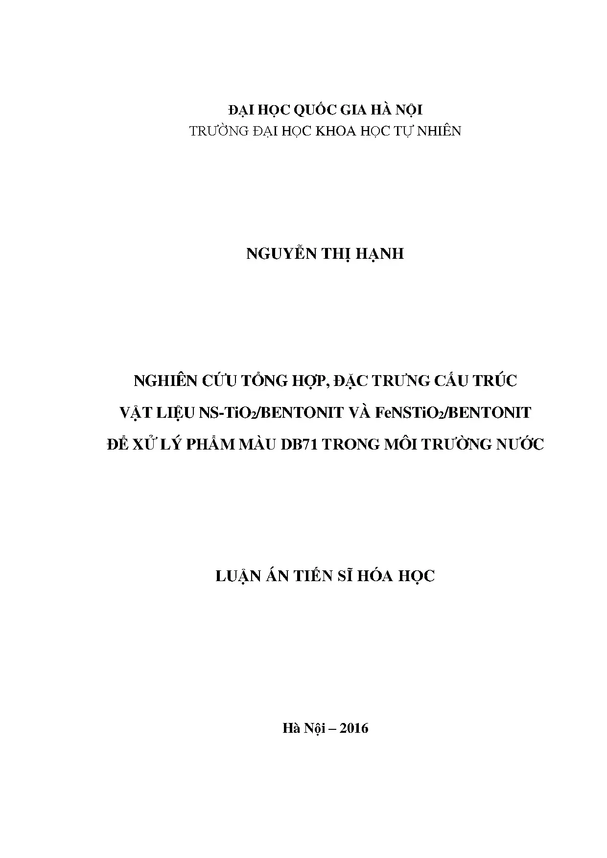 Nghiên cứu tổng hợp vật liệu TiO2/bentonit xử lý phẩm màu DB71