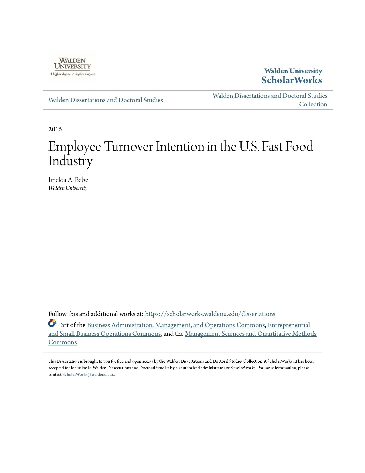 Employee turnover intention in the u s fast food industry