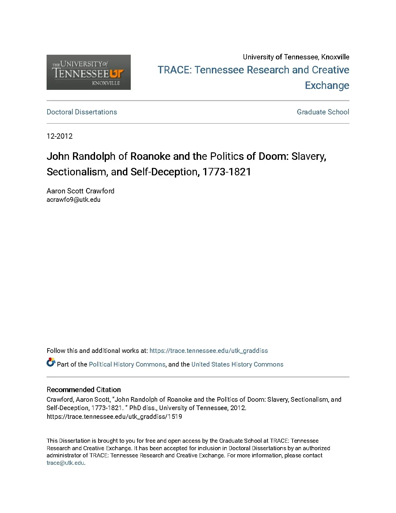 John randolph of roanoke and the politics of doom slavery se