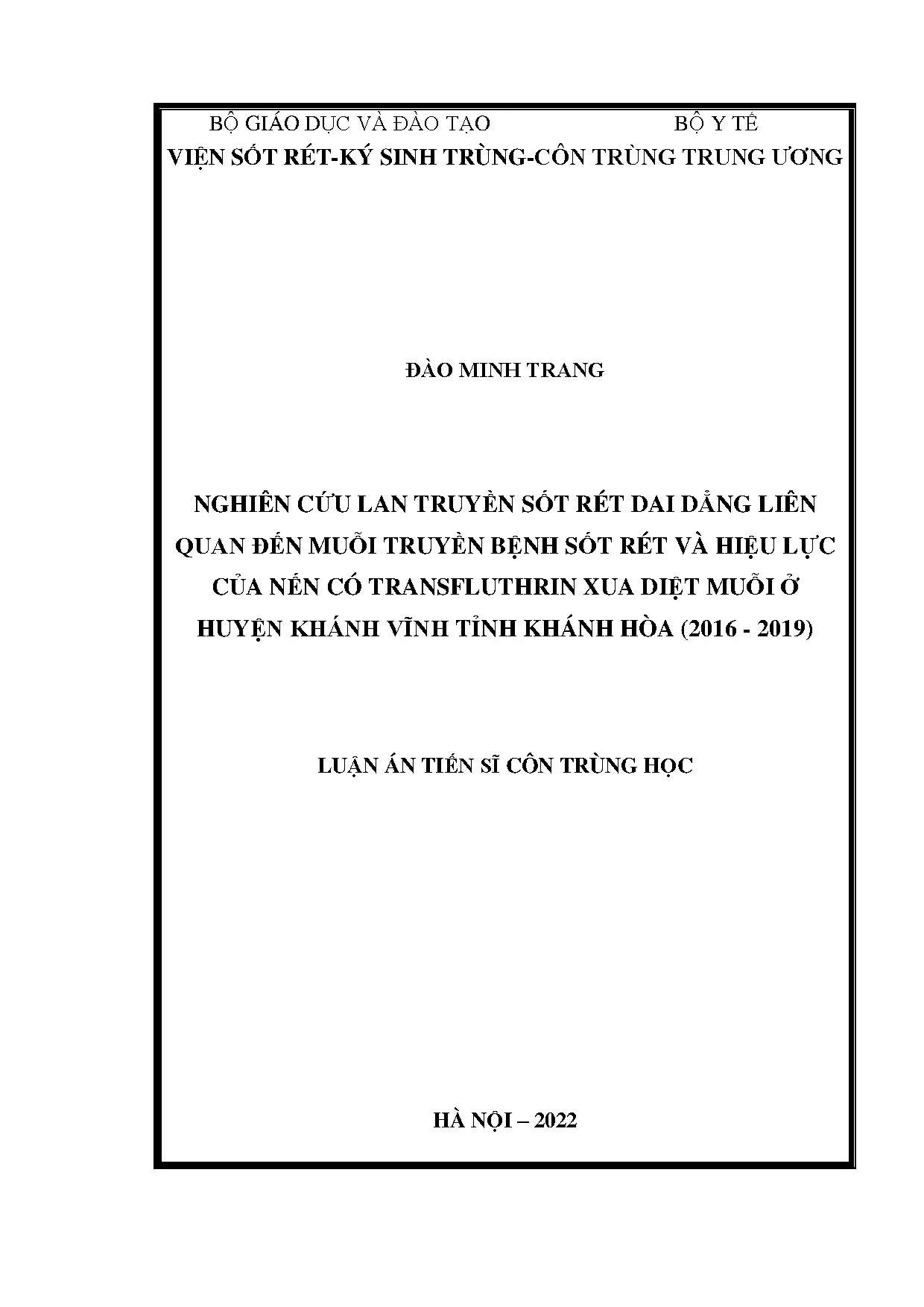 Nghiên cứu lan truyền sốt rét dai dẳng và hiệu lực nến transfluthrin tại Khánh Hòa