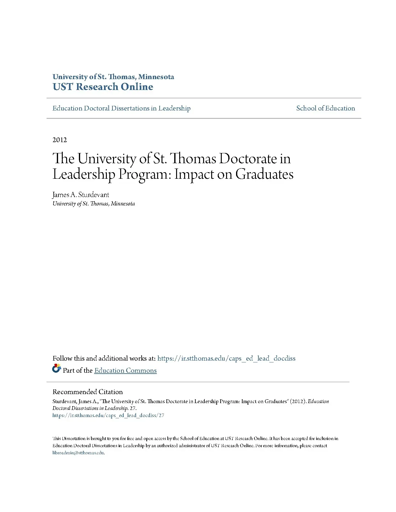 The university of st thomas doctorate in leadership program