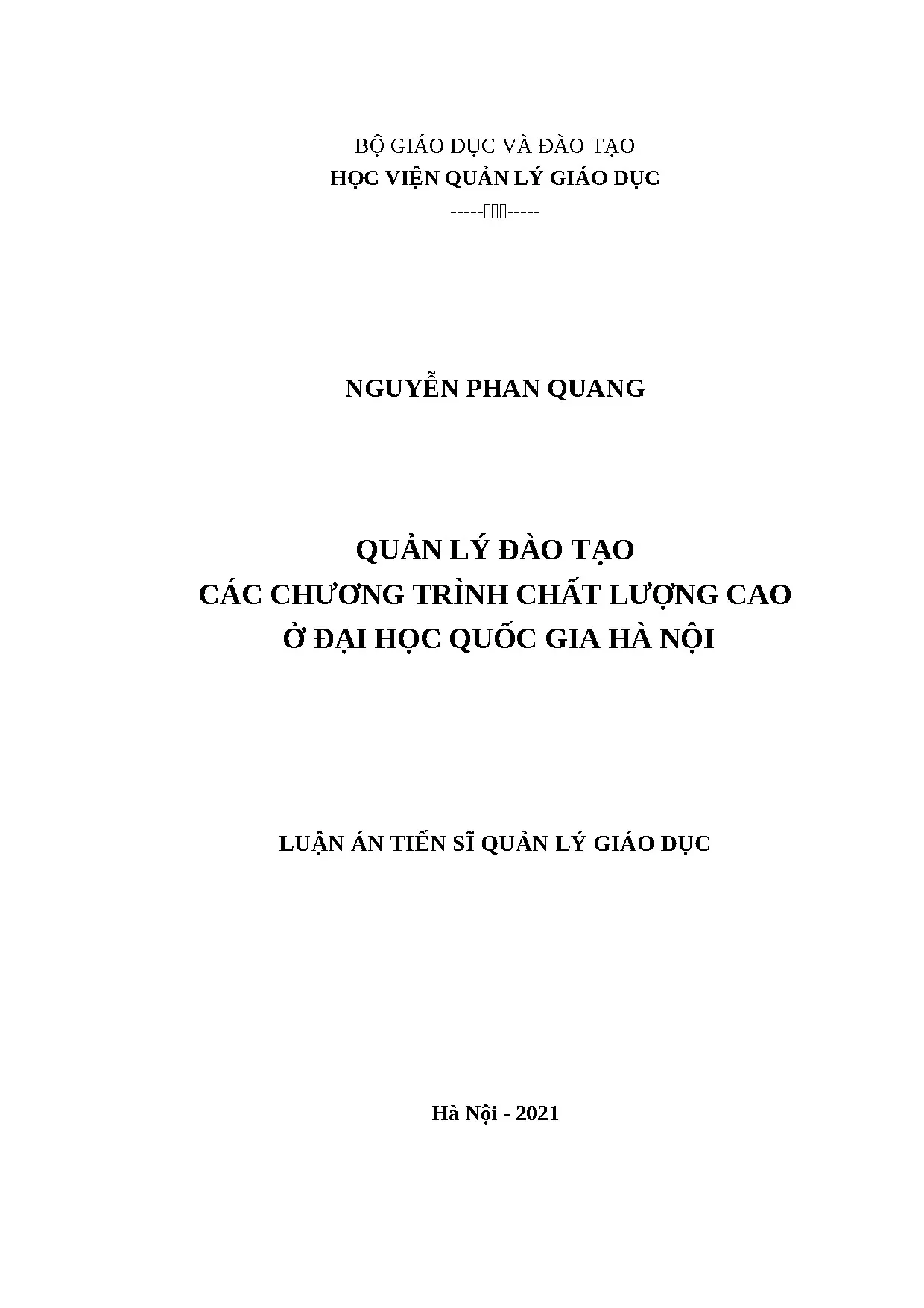Luận án tiến sỹ quản lý đào tạo các chương trình chất lượng