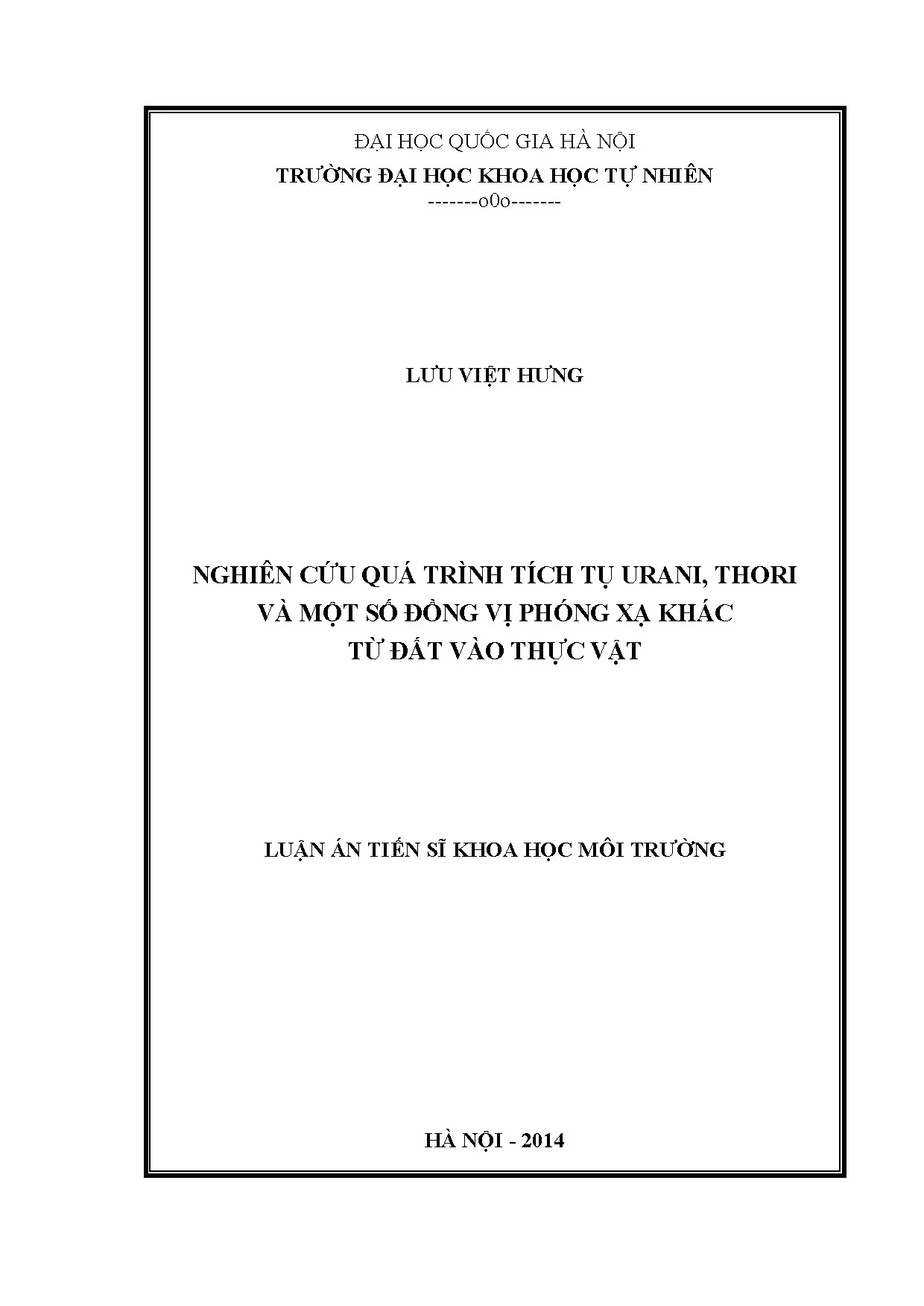 Nghiên cứu tích tụ Urani, Thori từ đất vào thực vật