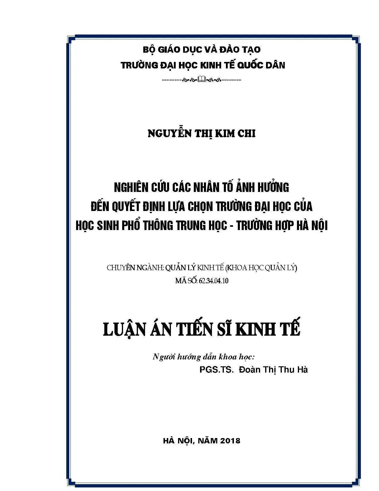 Nhân tố ảnh hưởng quyết định chọn trường đại học của học sinh Hà Nội