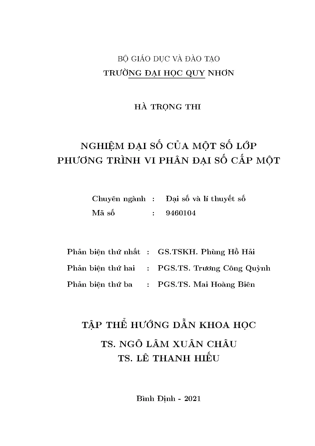 Nghiệm đại số của phương trình vi phân đại số cấp một