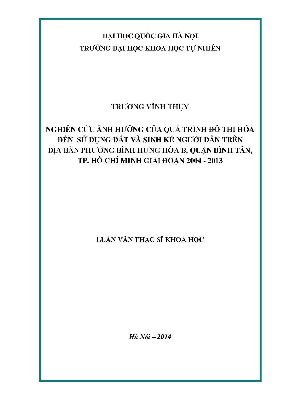 Luận án tiến sĩ nghiên cứu ảnh hưởng của quá trình đô thị hó