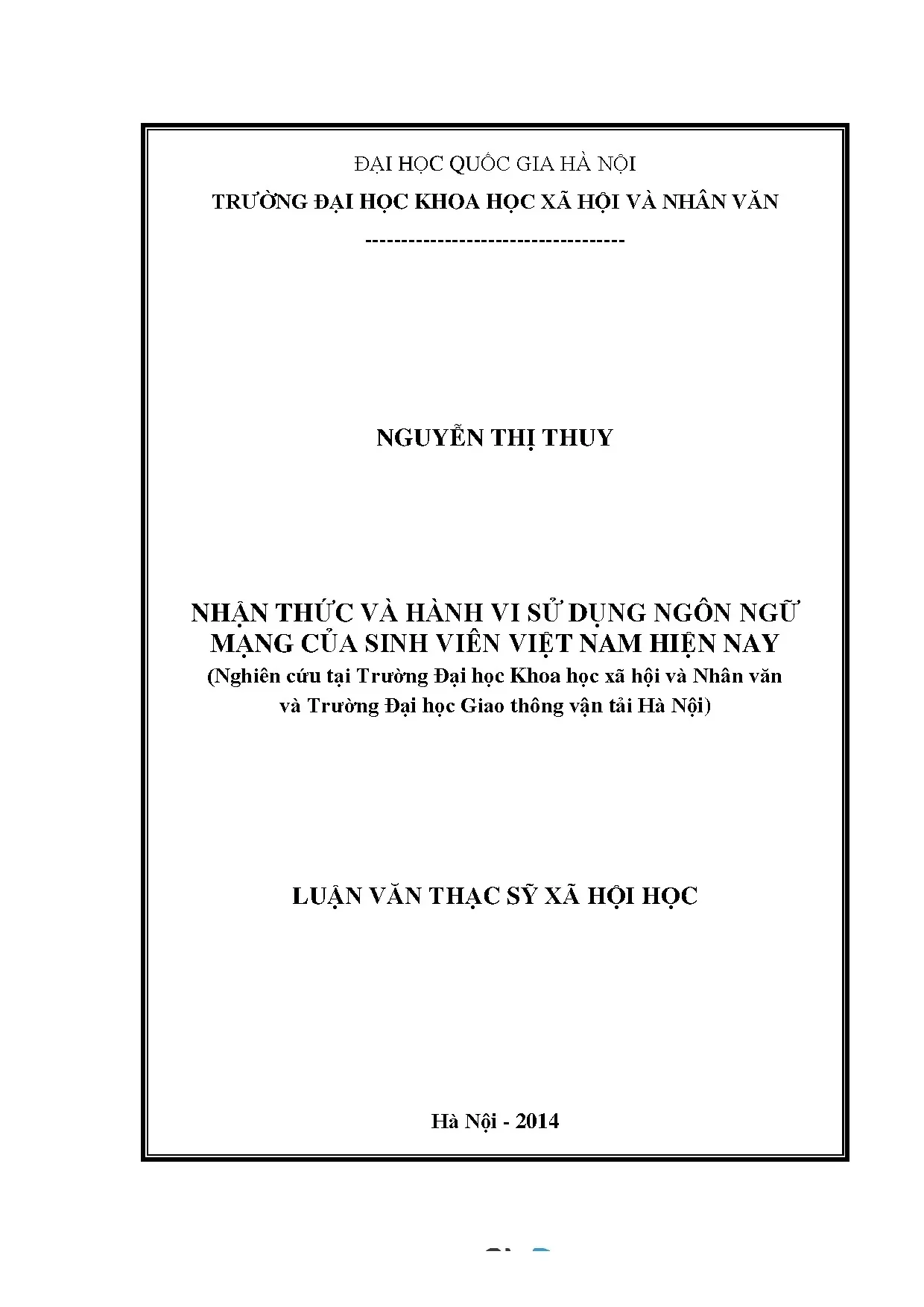 Luận án thạc sĩ xã hội học nhận thức và hành vi sử dụng ngôn