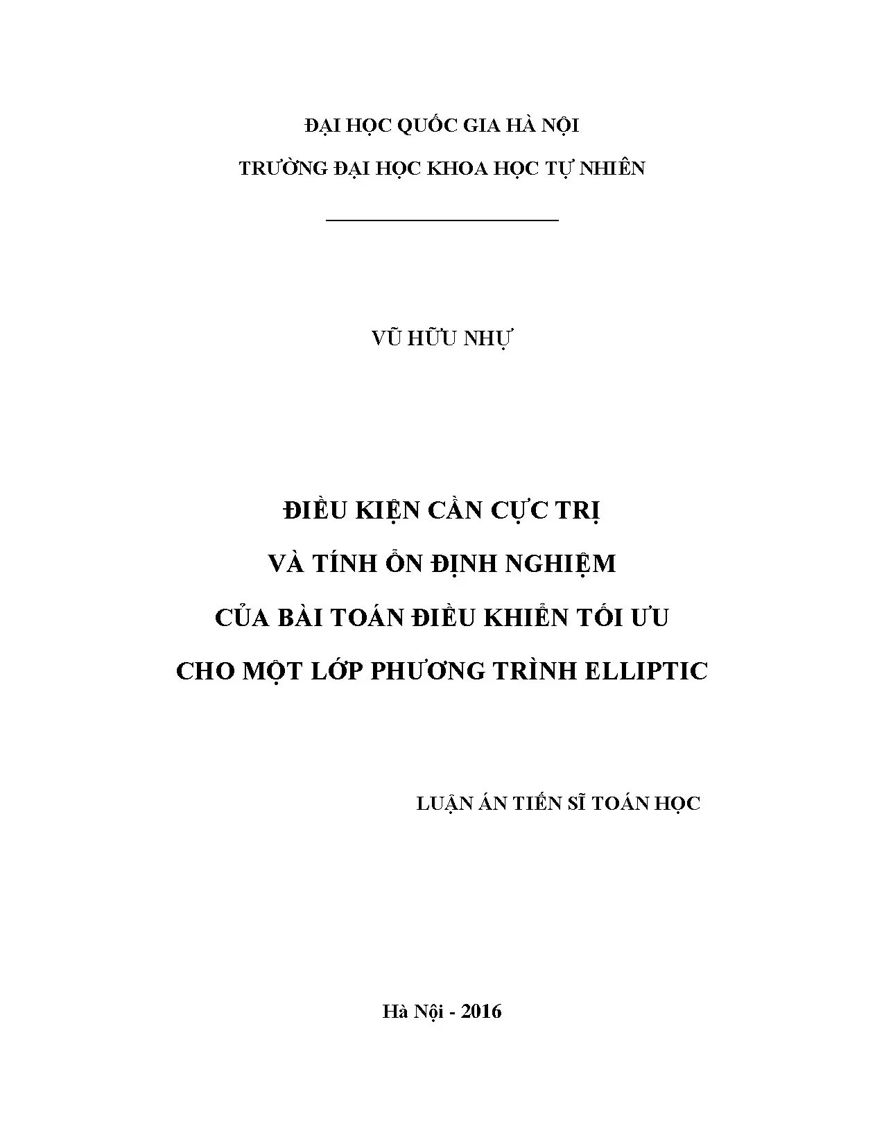 Điều kiện cần cực trị và ổn định nghiệm cho phương trình elliptic