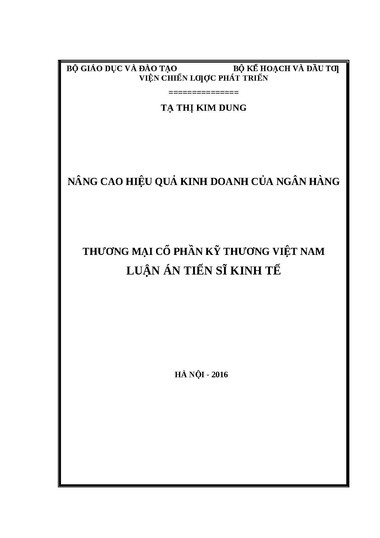 Nâng cao hiệu quả kinh doanh Ngân hàng Kỹ Thương Việt Nam