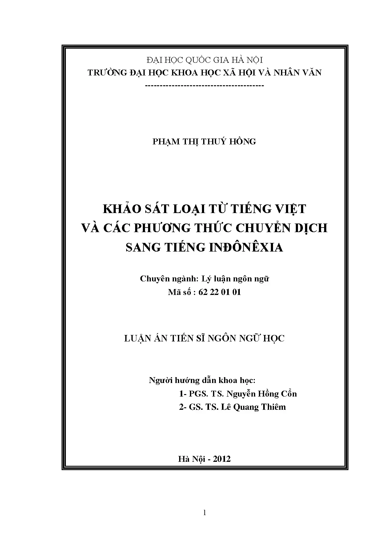 Luận án tiến sĩ khảo sát loại từ tiếng việt và các phương th