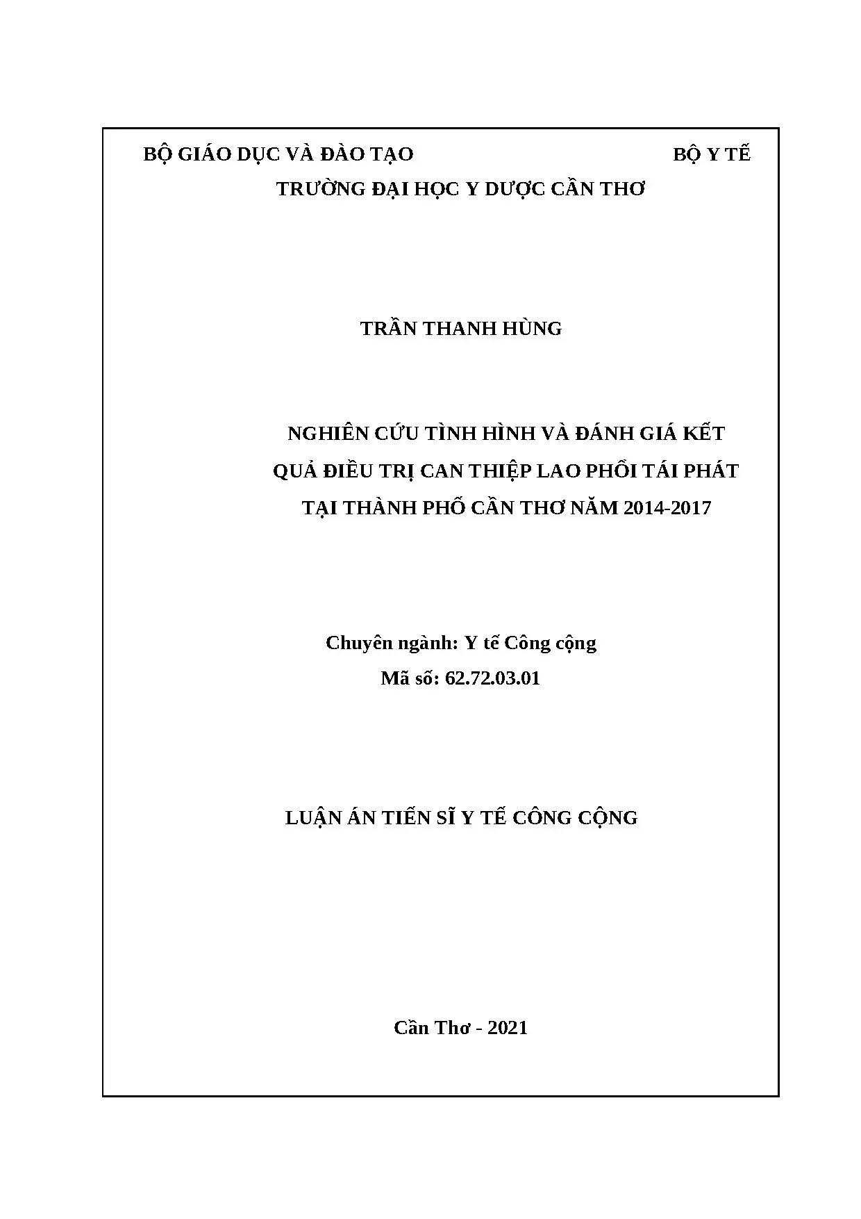 Luận án Tiến sĩ: Lao phổi tái phát tại Cần Thơ