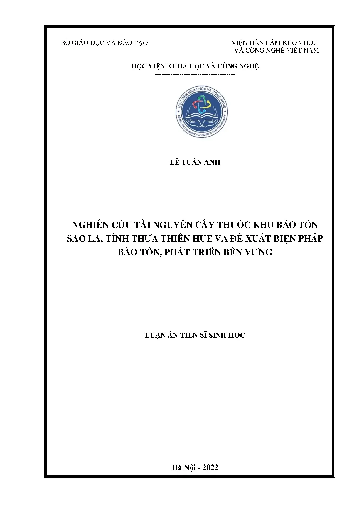 Tài nguyên cây thuốc Sao La, Thừa Thiên Huế: Bảo tồn và phát triển