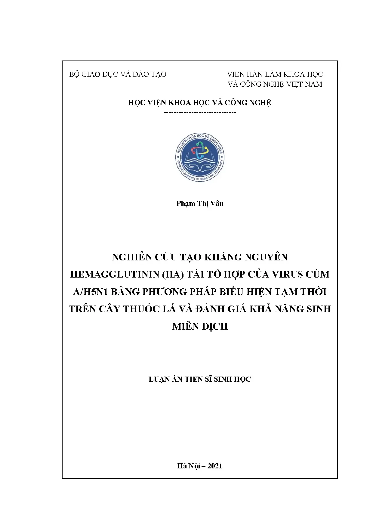 Luận án tiến sĩ nghiên cứu tạo kháng nguyên hemagglutinin ha