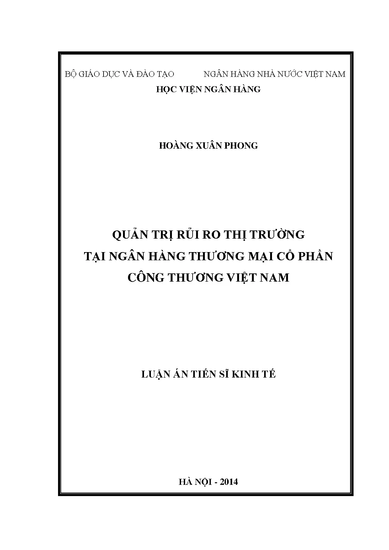 Quản trị rủi ro thị trường tại VietinBank: Luận án Tiến sĩ
